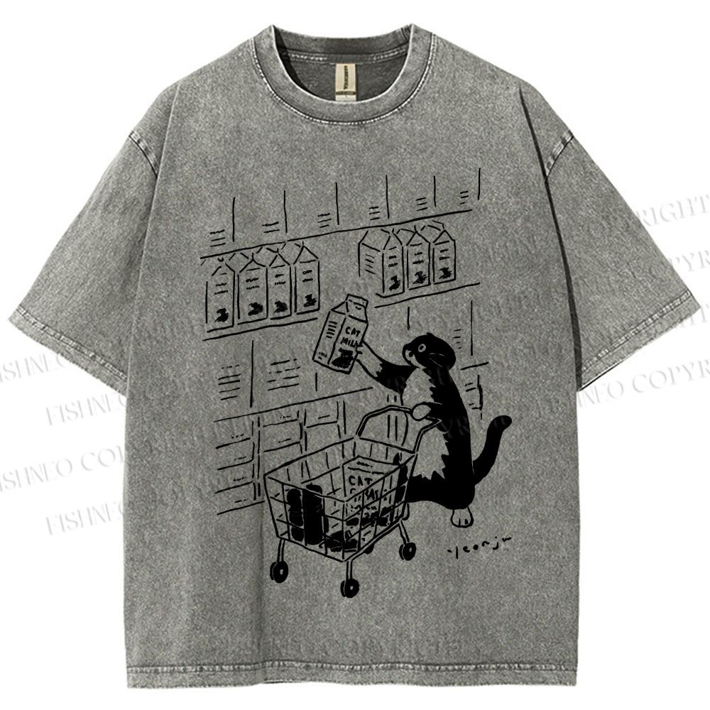 Unisex Cartoon Cute Cat Picking Milk Printed Washed Tee