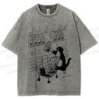 Unisex Cartoon Cute Cat Picking Milk Printed Washed Tee