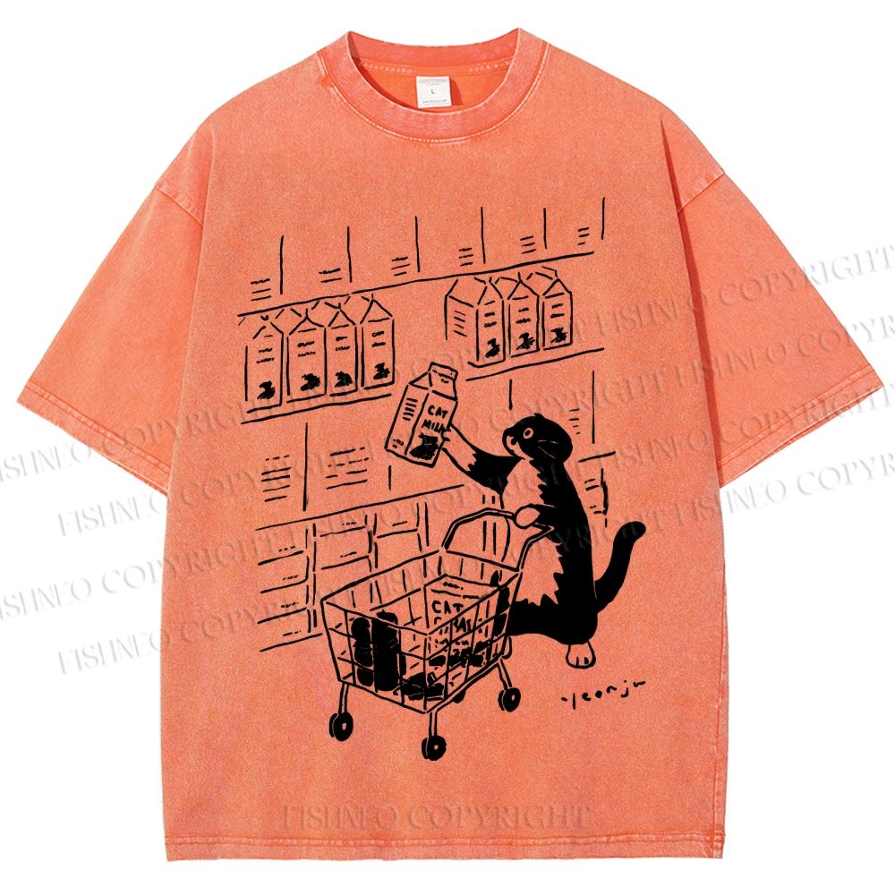 Unisex Cartoon Cute Cat Picking Milk Printed Washed Tee