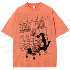 Unisex Cartoon Cute Cat Picking Milk Printed Washed Tee
