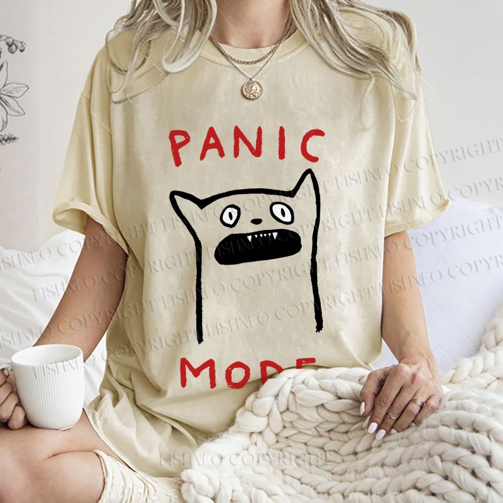 Unisex Silly Cat Panic Mode Printed Washed Tee