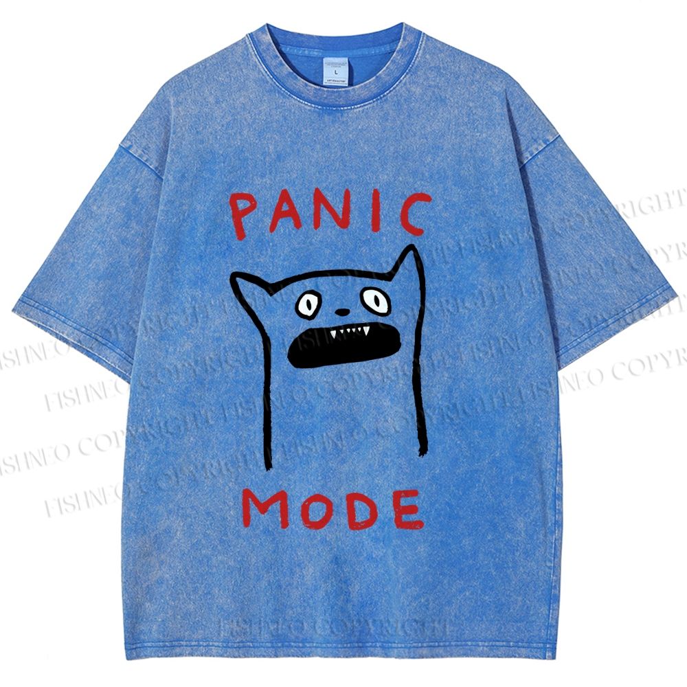 Unisex Silly Cat Panic Mode Printed Washed Tee