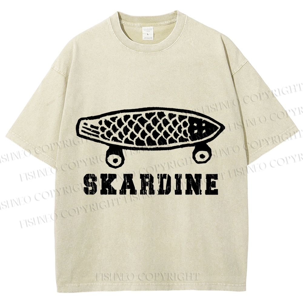 Unisex Vintage Sardine Fish Skateboard Skardine Printed Washed Tee
