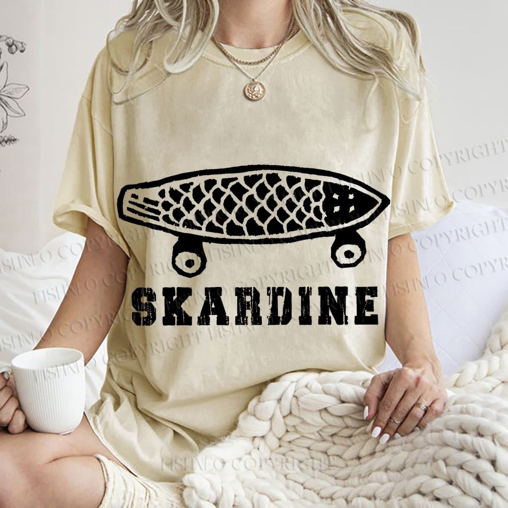 Unisex Vintage Sardine Fish Skateboard Skardine Printed Washed Tee