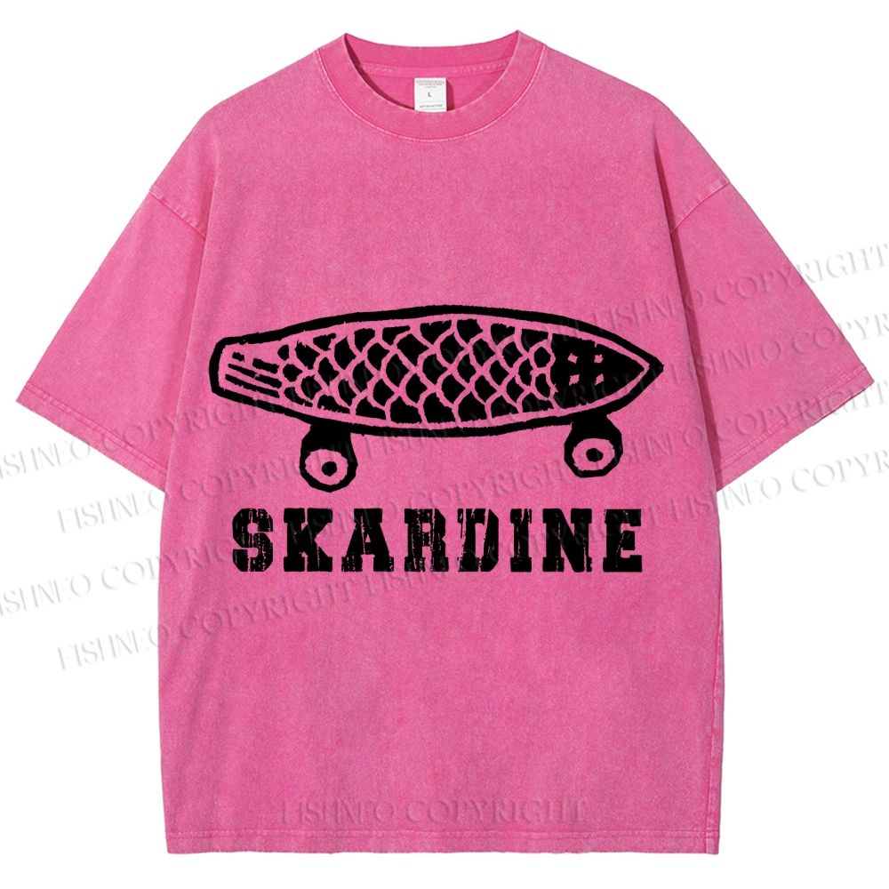 Unisex Vintage Sardine Fish Skateboard Skardine Printed Washed Tee