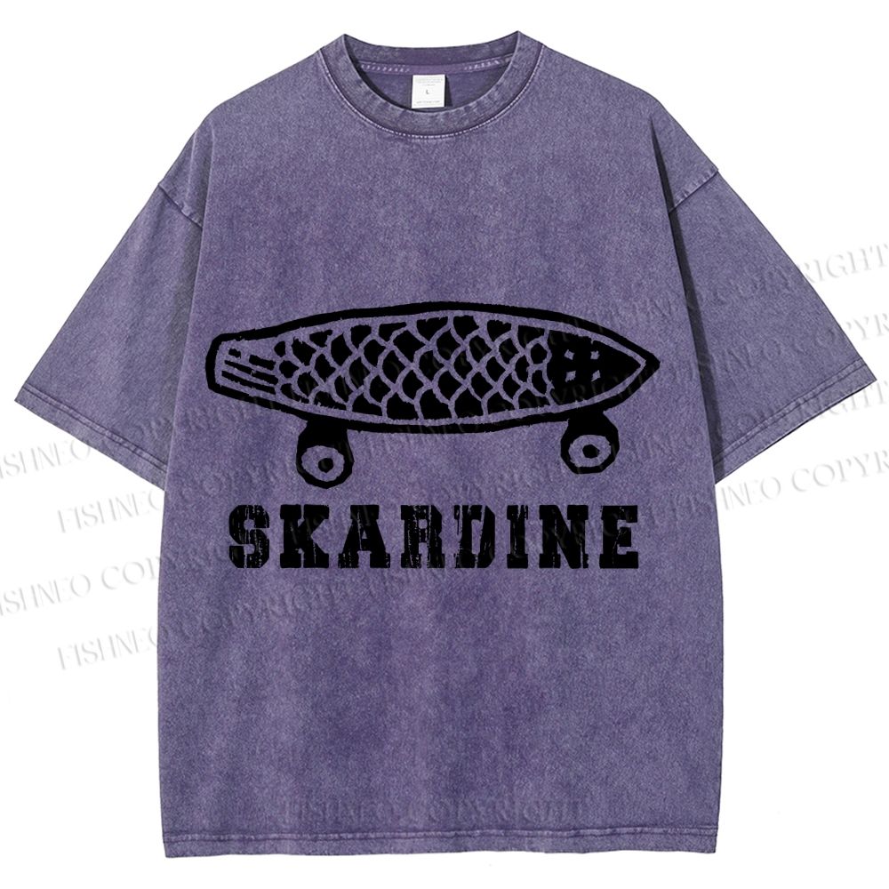 Unisex Vintage Sardine Fish Skateboard Skardine Printed Washed Tee