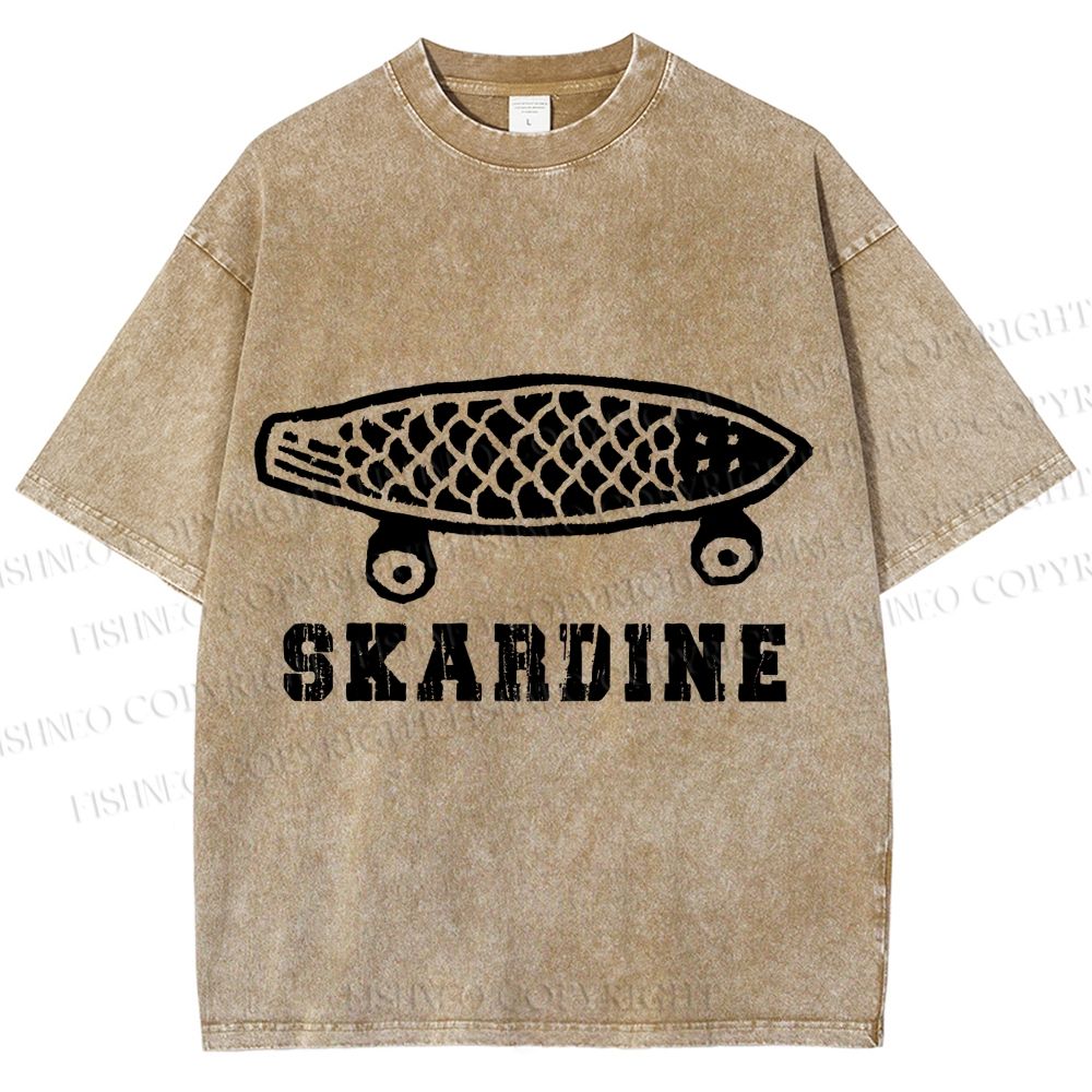 Unisex Vintage Sardine Fish Skateboard Skardine Printed Washed Tee