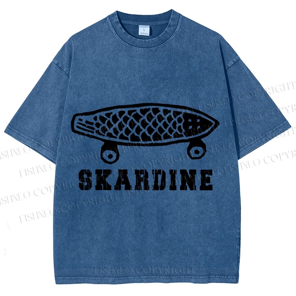 Unisex Vintage Sardine Fish Skateboard Skardine Printed Washed Tee