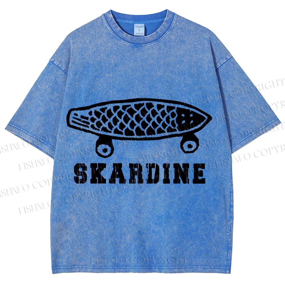 Unisex Vintage Sardine Fish Skateboard Skardine Printed Washed Tee