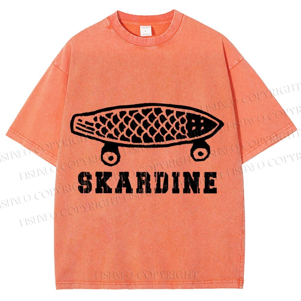 Unisex Vintage Sardine Fish Skateboard Skardine Printed Washed Tee