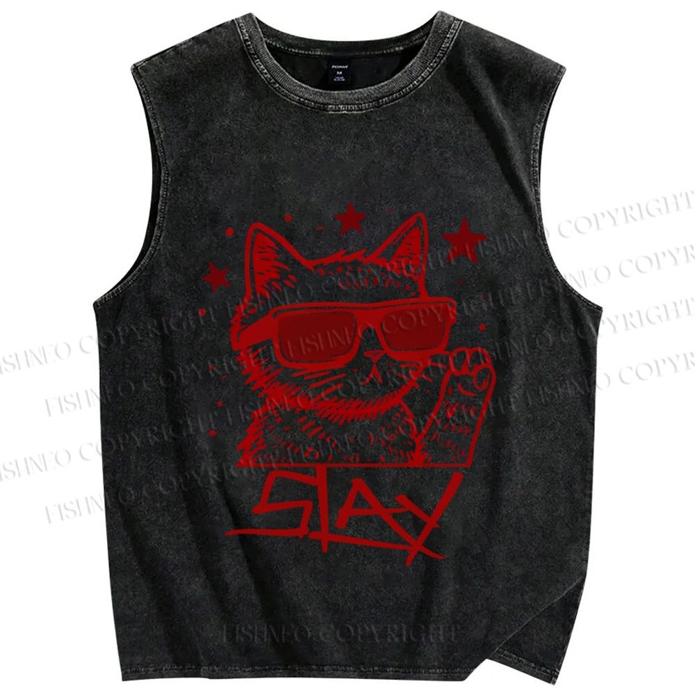 Unisex Slay Cat Graffiti Printed Washed Tank Top