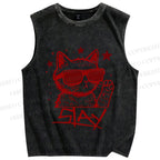 Unisex Slay Cat Graffiti Printed Washed Tank Top