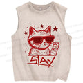 Unisex Slay Cat Graffiti Printed Washed Tank Top