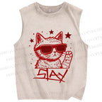 Unisex Slay Cat Graffiti Printed Washed Tank Top