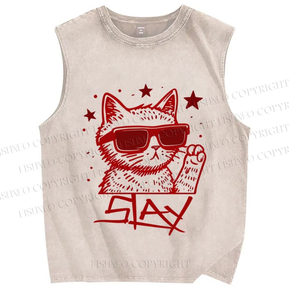 Unisex Slay Cat Graffiti Printed Washed Tank Top