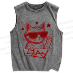 Unisex Slay Cat Graffiti Printed Washed Tank Top