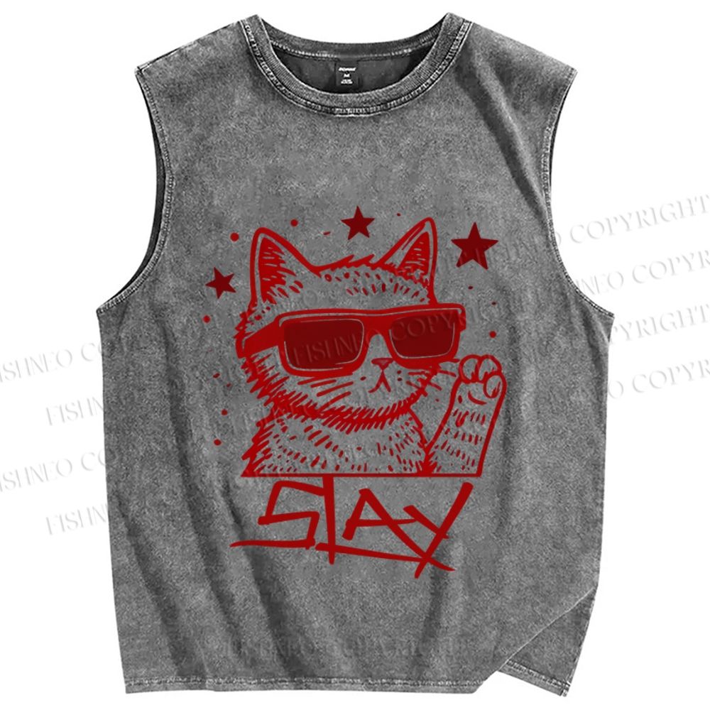Unisex Slay Cat Graffiti Printed Washed Tank Top