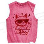 Unisex Slay Cat Graffiti Printed Washed Tank Top