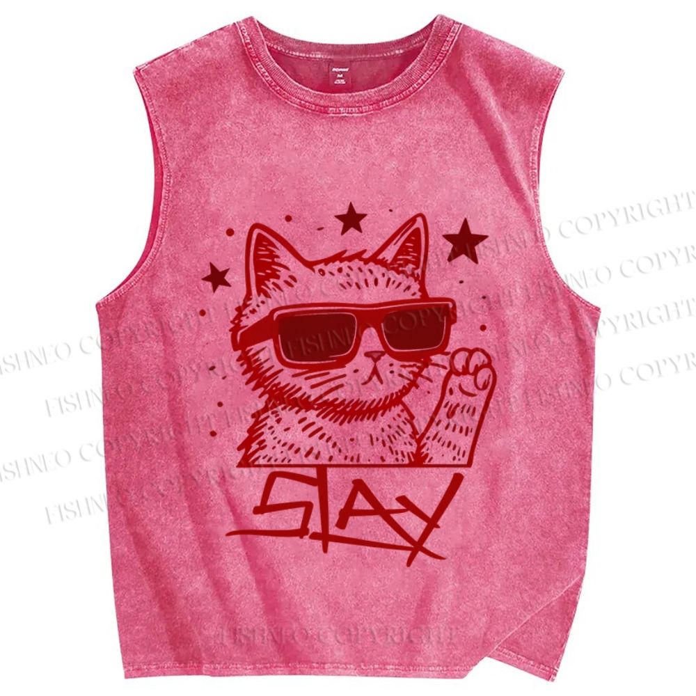 Unisex Slay Cat Graffiti Printed Washed Tank Top
