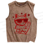 Unisex Slay Cat Graffiti Printed Washed Tank Top