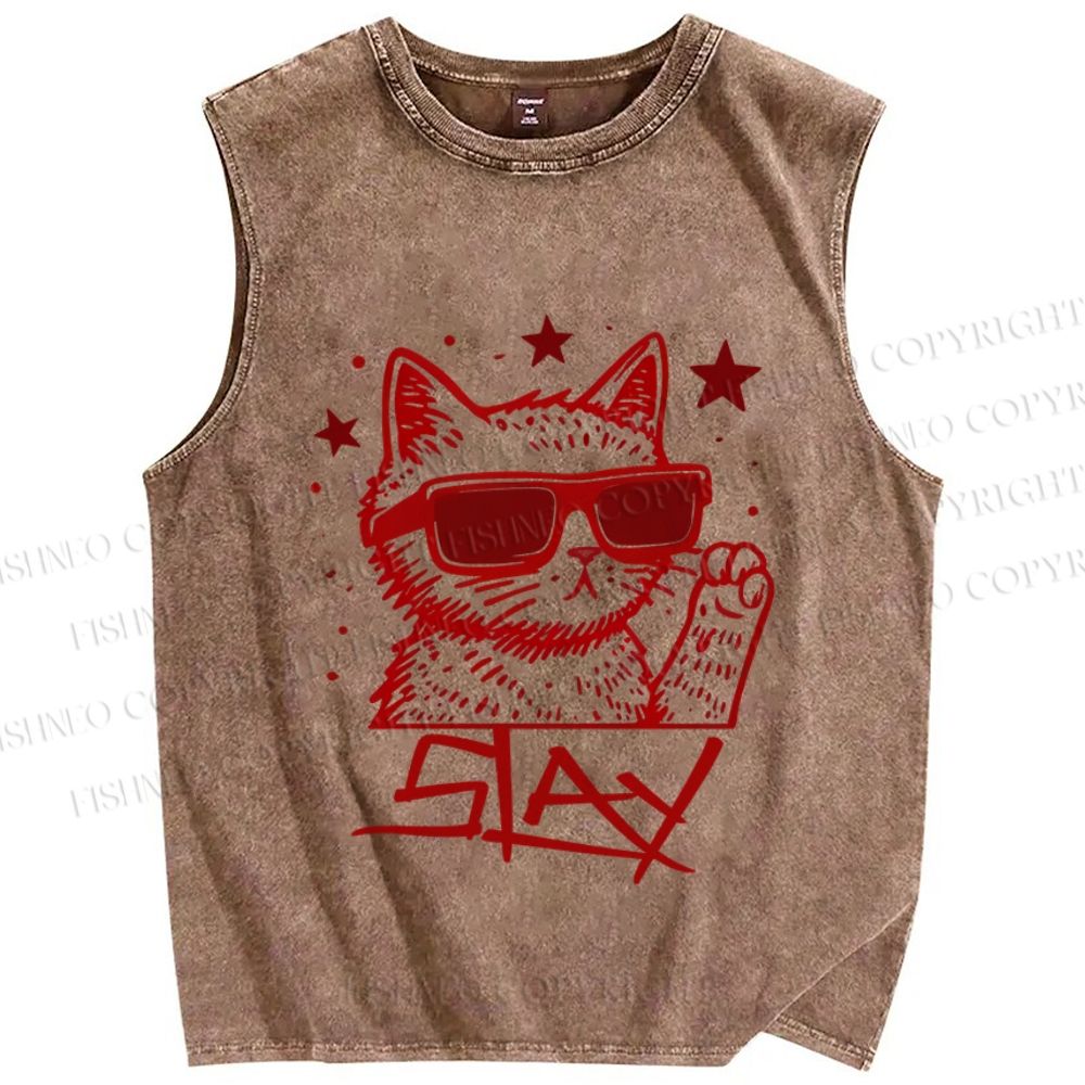 Unisex Slay Cat Graffiti Printed Washed Tank Top