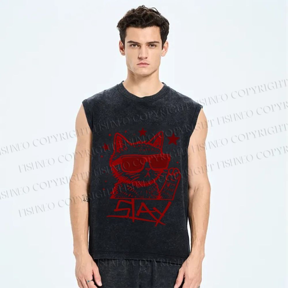 Unisex Slay Cat Graffiti Printed Washed Tank Top