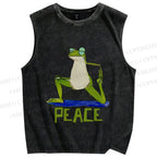 Unisex Peace Frog Doing Yoga Printed Washed Tank Top