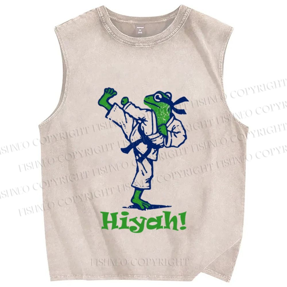 Unisex Frog Doing Karate Hiyah Printed Washed Tank Top