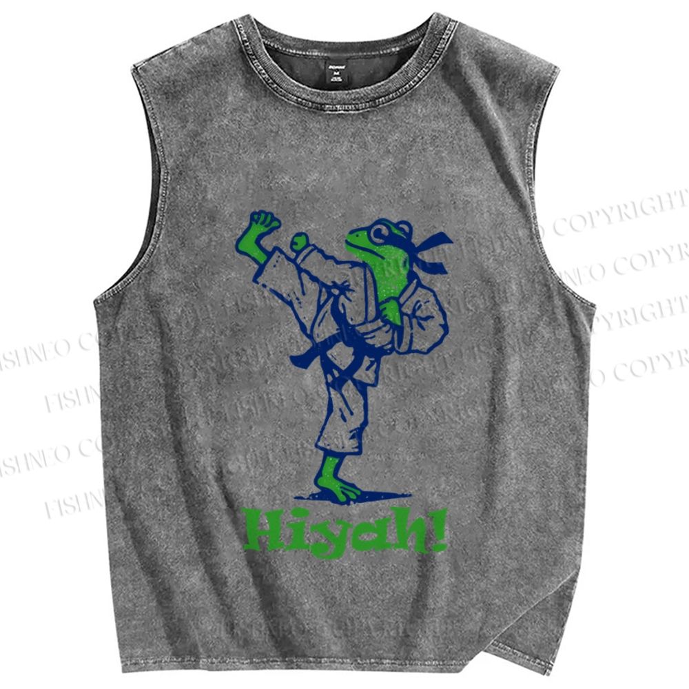Unisex Frog Doing Karate Hiyah Printed Washed Tank Top
