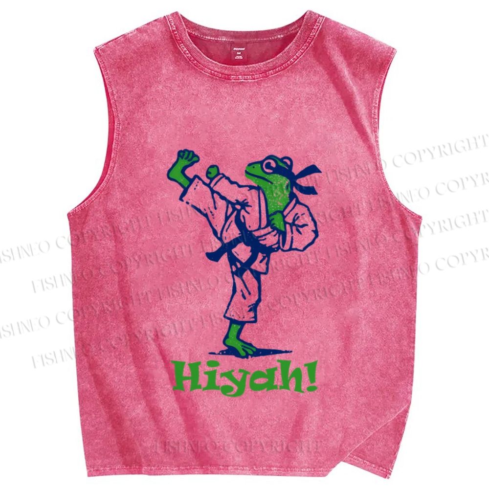 Unisex Frog Doing Karate Hiyah Printed Washed Tank Top