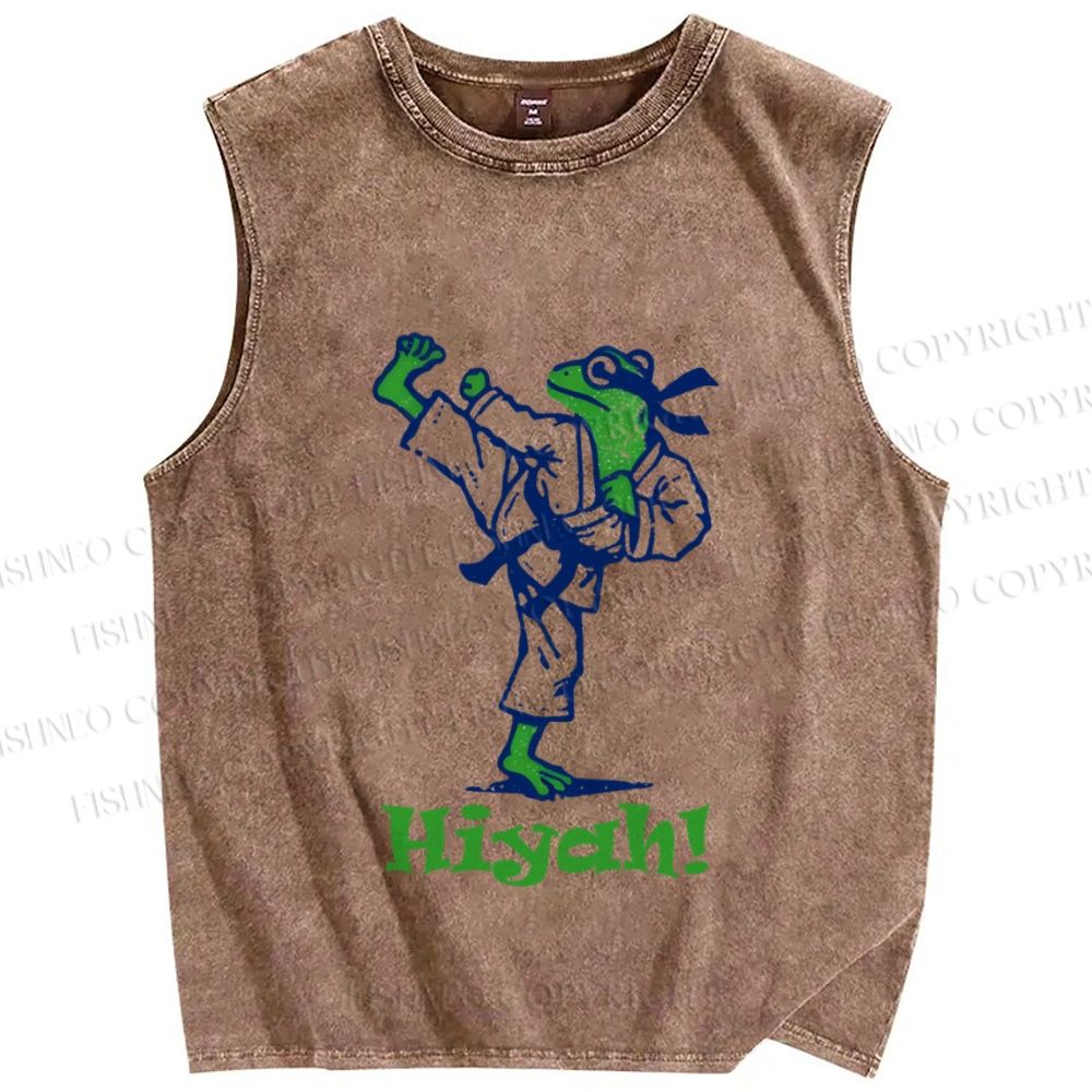 Unisex Frog Doing Karate Hiyah Printed Washed Tank Top