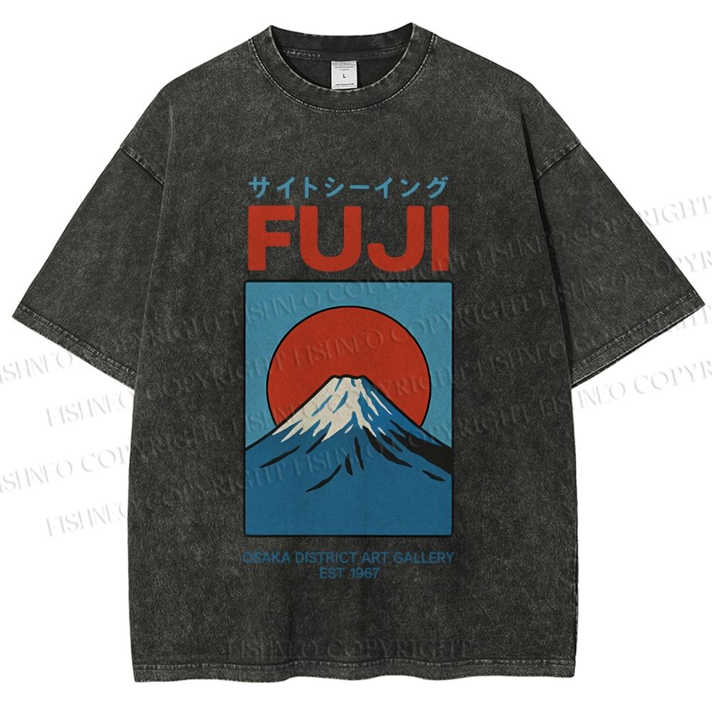 Unisex Japanese Osaka Mount Fuji Printed Washed Tee
