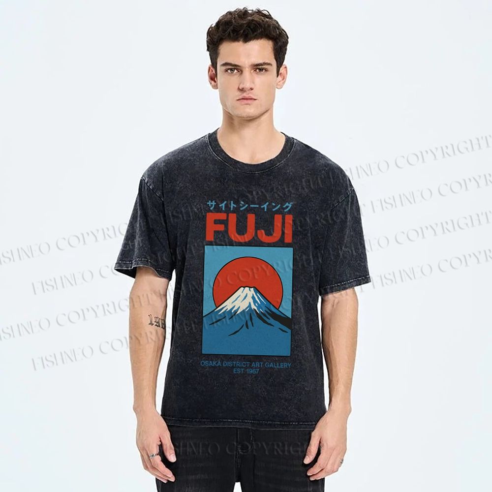 Unisex Japanese Osaka Mount Fuji Printed Washed Tee