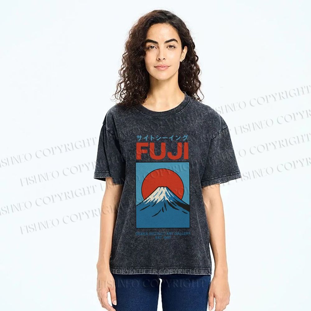 Unisex Japanese Osaka Mount Fuji Printed Washed Tee