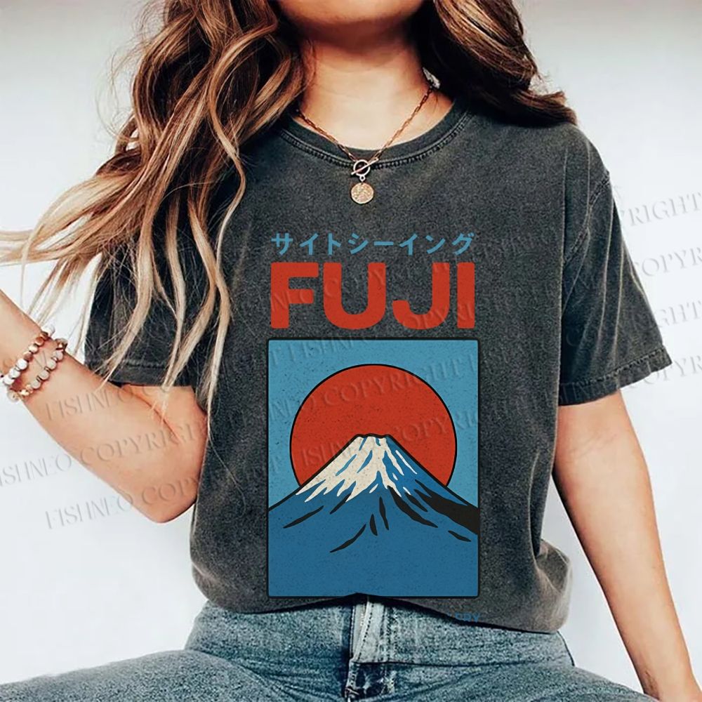 Unisex Japanese Osaka Mount Fuji Printed Washed Tee