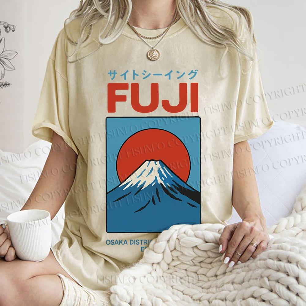 Unisex Japanese Osaka Mount Fuji Printed Washed Tee