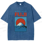 Unisex Japanese Osaka Mount Fuji Printed Washed Tee