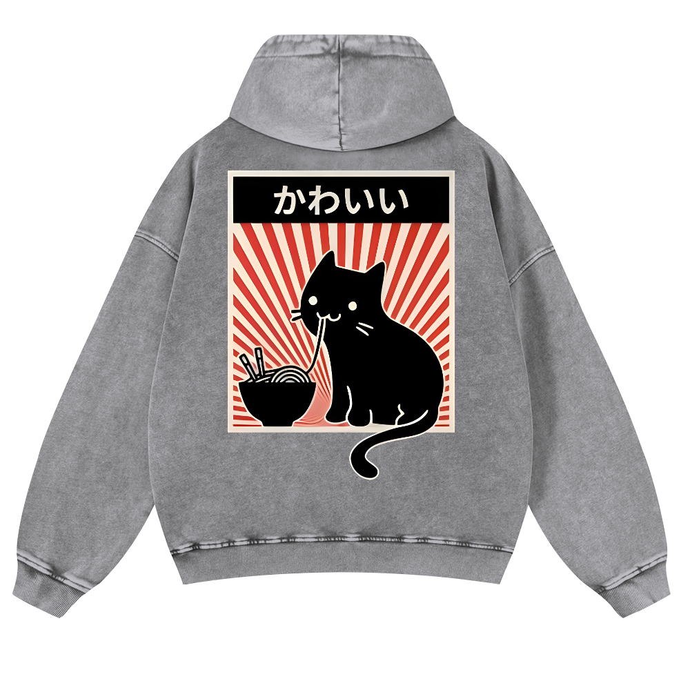 Cat Vintage Washed Cotton Back Art Hoodie