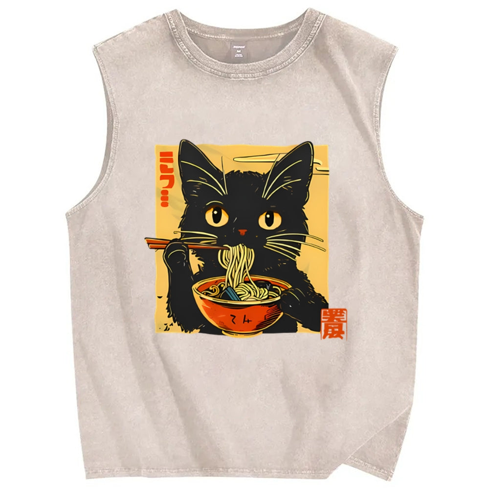 Lamian Noodles and Black Cat Vintage Distressed Washed Tank Top