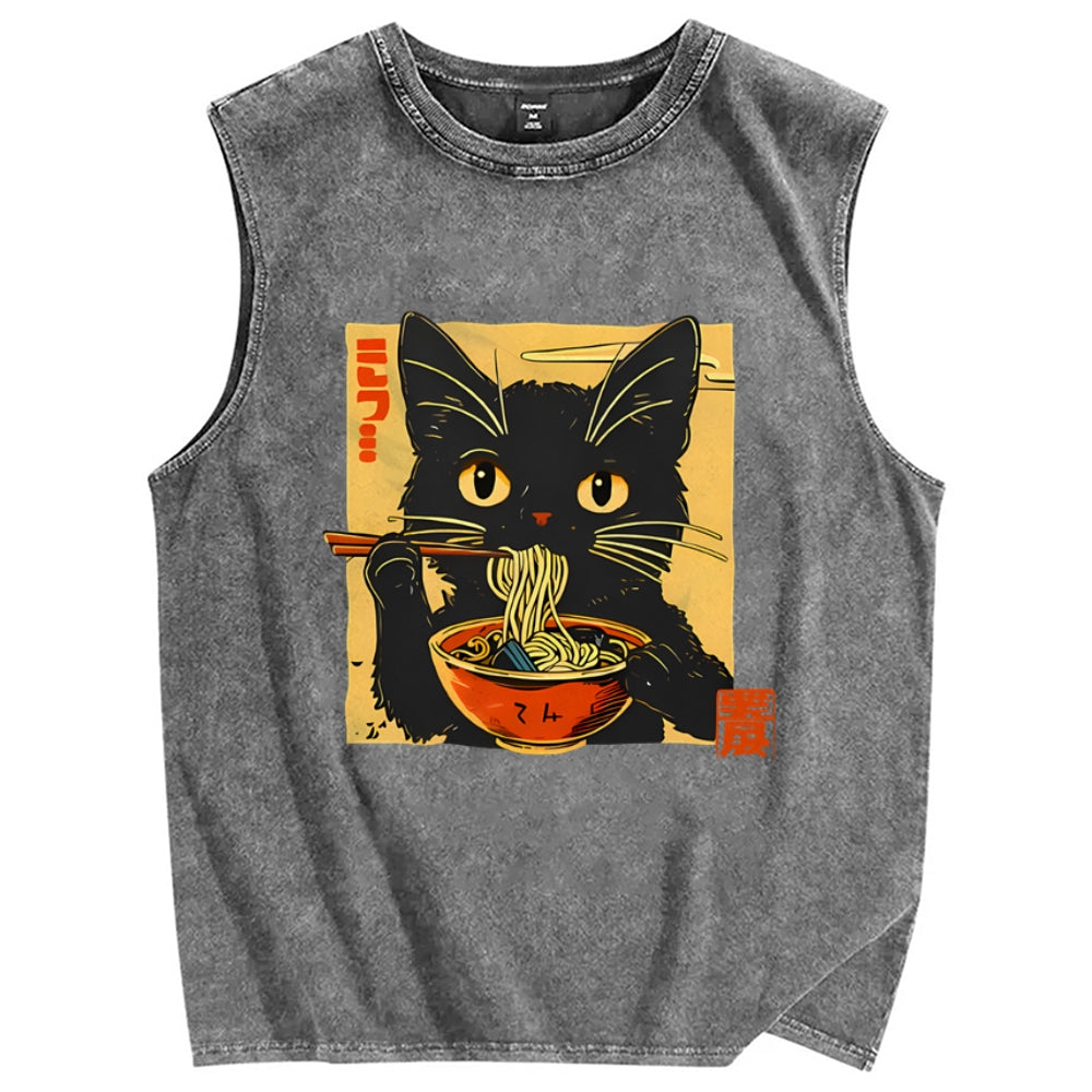 Lamian Noodles and Black Cat Vintage Distressed Washed Tank Top