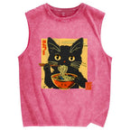 Lamian Noodles and Black Cat Vintage Distressed Washed Tank Top