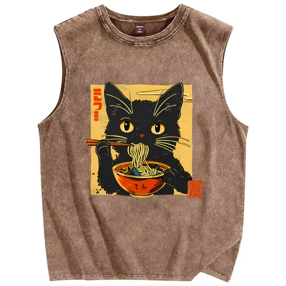 Lamian Noodles and Black Cat Vintage Distressed Washed Tank Top