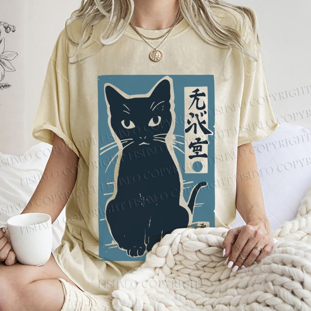 Unisex Vintage Cat Graffiti Printed Washed Tee