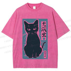 Unisex Vintage Cat Graffiti Printed Washed Tee