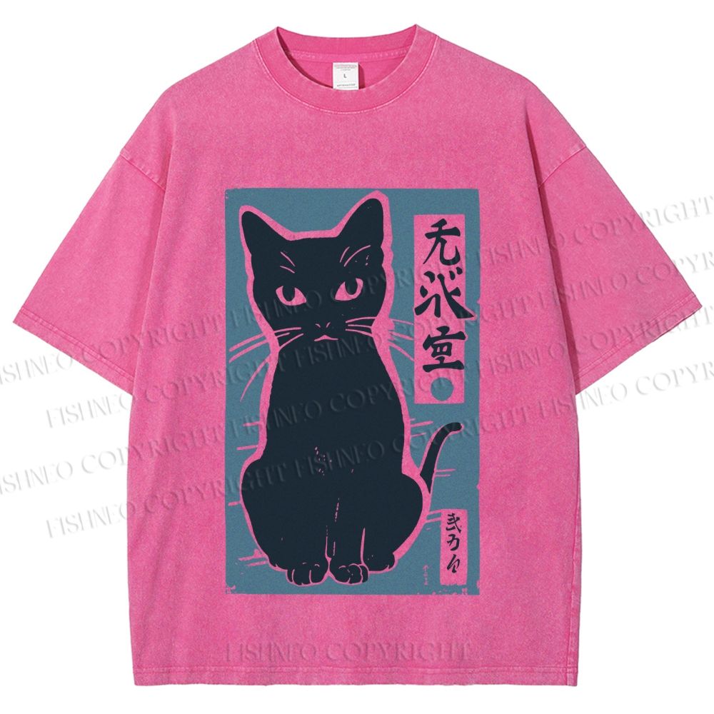 Unisex Vintage Cat Graffiti Printed Washed Tee