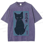 Unisex Vintage Cat Graffiti Printed Washed Tee