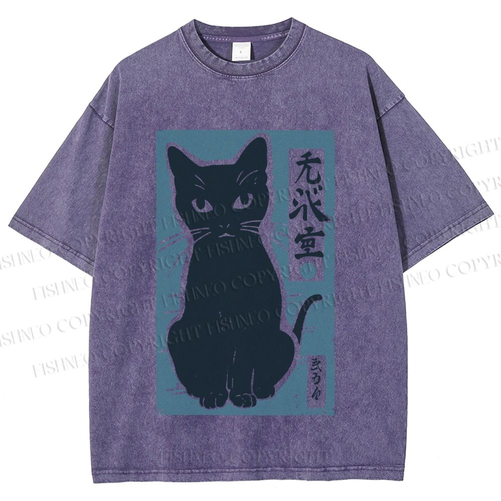 Unisex Vintage Cat Graffiti Printed Washed Tee