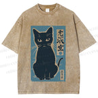 Unisex Vintage Cat Graffiti Printed Washed Tee