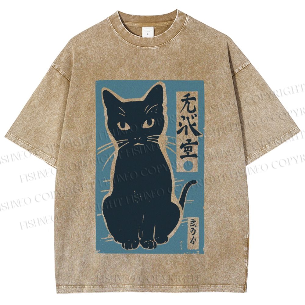 Unisex Vintage Cat Graffiti Printed Washed Tee