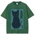 Unisex Vintage Cat Graffiti Printed Washed Tee